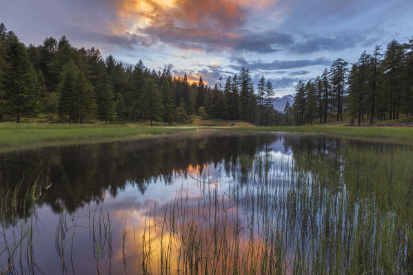 Sunset on Palu dal Fén lake, Gualdera, Campodolcino, Sondrio province, Spluga valley, Lombardy, Italy, Europe