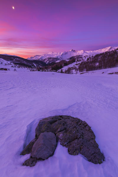 Snowy sunrise on Madesimo, Sondrio province, Spluga valley, Lombardy, Italy, Europe