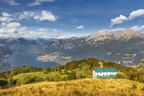 A view of lake Como (ramo di Lecco) and Grigna group from Sev refuge, Corni di Canzo mountains, Valbrona, Como and Lecco province, Lombardy, Italy, Europe