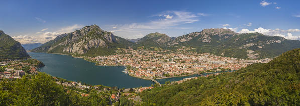 Panoramic of lake Como (ramo di Lecco), Adda river, Lecco mountains and Lecco city from Pian Sciresa, lake Como, Lecco province, Lombardy, Italy, Europe