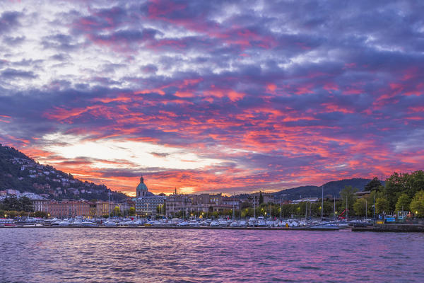 Sunrise on Como city and lake Como, Lombardy, Italy, Europe