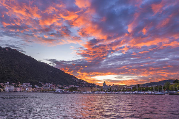 Sunrise on Como city and lake Como, Lombardy, Italy, Europe