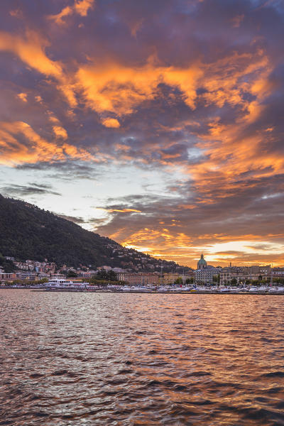 Sunrise on Como city and lake Como, Lombardy, Italy, Europe