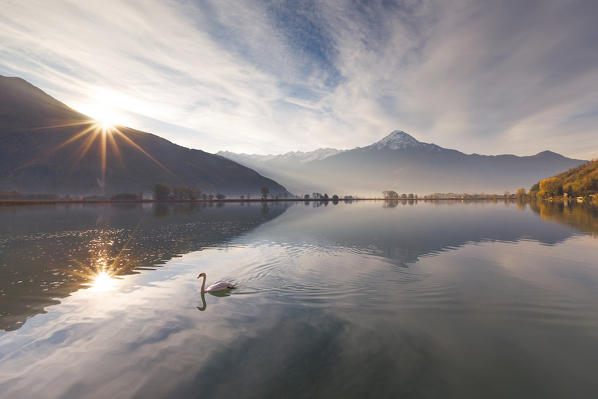 Sunrise on Mera river and Legnone mount (Lecco province), Dascio, Sorico, Riserva Naturale Pian di Spagna e Lago di Mezzola, lake Como, Como province, Lombardy, Italy, Europe