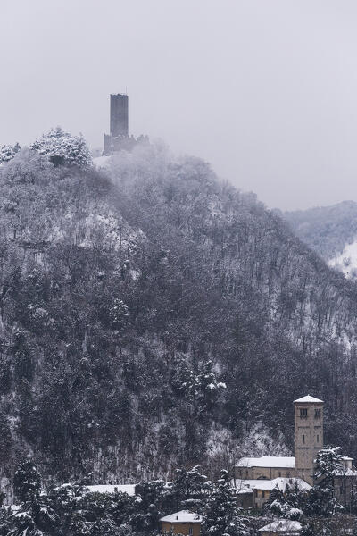 Baradello tower (Castel Baradello) after the snowfall, Como city, lake Como, Lombardy, Italy, Europe