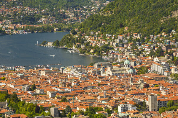 A view of Como city and lake Como from Baradello tower (Spina Verde), Lombardy, Italy, Europe