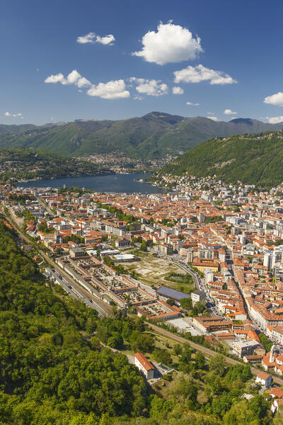 A view of Como city and lake Como from Baradello tower (Spina Verde), Lombardy, Italy, Europe