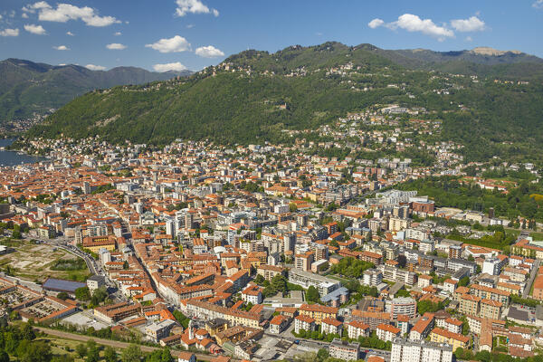 A view of Como city and lake Como from Baradello tower (Spina Verde), Lombardy, Italy, Europe