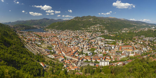 Panoramic view of Como city and lake Como from Baradello tower (Spina Verde), Lombardy, Italy, Europe