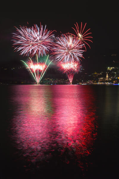 Madonna Della Neve night party with fireworks, Pusiano village, Pusiano lake, Como province, Lombardy, Italy, Europe
