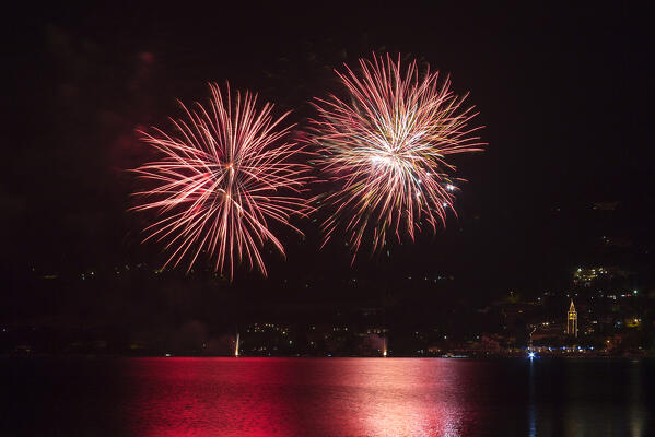 Madonna Della Neve night party with fireworks, Pusiano village, Pusiano lake, Como province, Lombardy, Italy, Europe