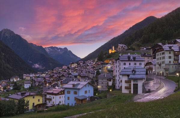 Sunset on Vermiglio village, Sole valley (val di Sole), Trento province, Trentino-Alto Adige, Italy, Europe