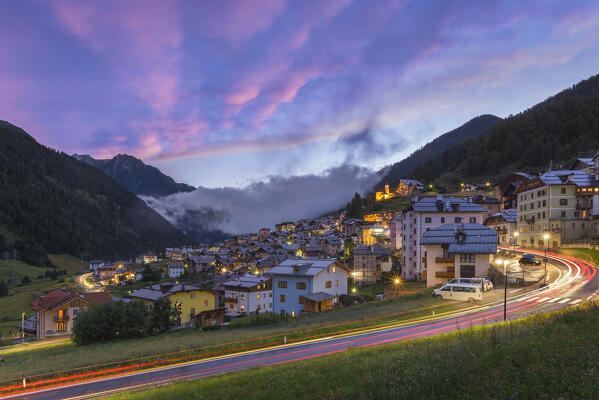Dusk on Vermiglio village, Sole valley (val di Sole), Trento province, Trentino-Alto Adige, Italy, Europe
