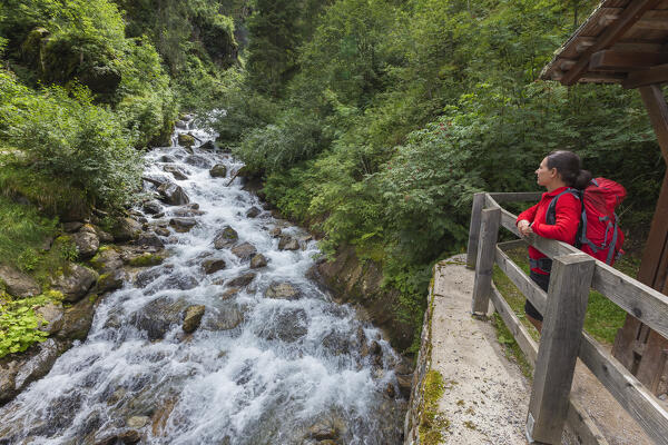 Hiker relaxes and looks the river, Rabbi valley (val di Rabbi), Trento province, Trentino-Alto Adige, Italy, Europe (MR)