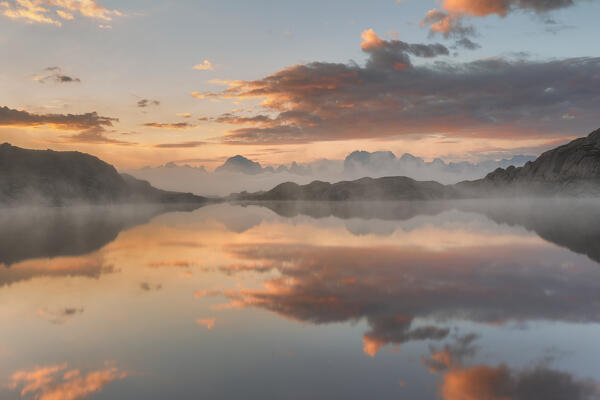 Sunrise on Nero lake (lago Nero), Brenta Dolomites, Nambrone valley (val Nambrone), Trento province, Trentino-Alto Adige, Italy, Europe