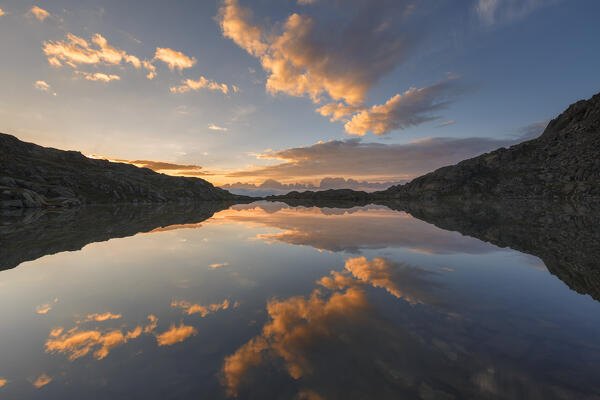 Sunrise on Nero lake (lago Nero), Brenta Dolomites, Nambrone valley (val Nambrone), Trento province, Trentino-Alto Adige, Italy, Europe