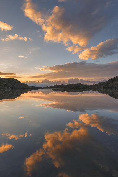 Sunrise on Nero lake (lago Nero), Brenta Dolomites, Nambrone valley (val Nambrone), Trento province, Trentino-Alto Adige, Italy, Europe