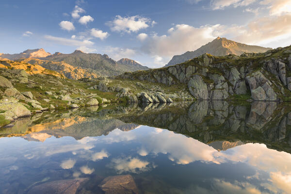 Sunrise on Nero lake (lago Nero), Nambrone valley (val Nambrone), Trento province, Trentino-Alto Adige, Italy, Europe
