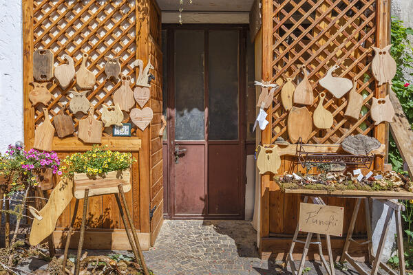A wooden cutting board shop, Pellizzano village, Sole valley (val di Sole), Trento province, Trentino-Alto Adige, Italy, Europe