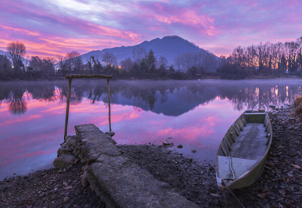 Sunrise on the Brivio pier, Adda river, Lecco province, Lombardy, Italy, Europe