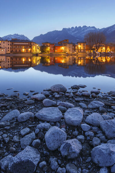 The Pescarenico village illuminated at dawn, Brianza, Adda river, lake Como, Lecco province, Lombardy, Italy, Europe