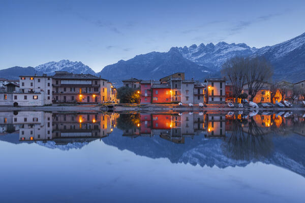 The Pescarenico village illuminated at dawn, Brianza, Adda river, lake Como, Lecco province, Lombardy, Italy, Europe