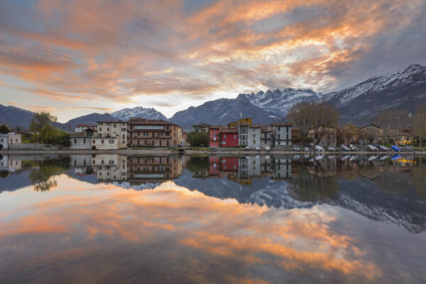 Sunrise on Pescarenico village, Brianza, Adda river, lake Como, Lecco province, Lombardy, Italy, Europe