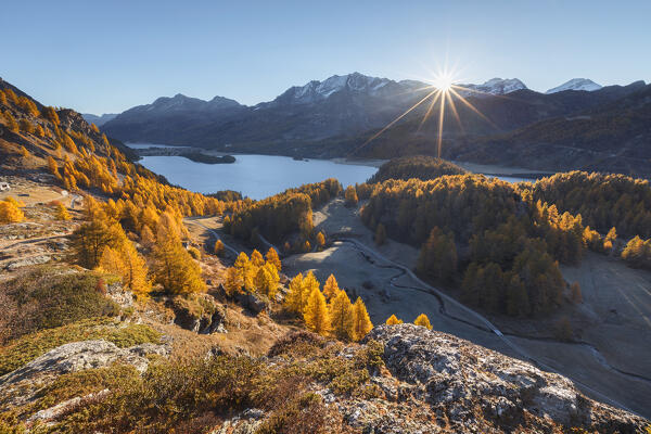 First lights on lake Sils in autumn time, Engadine, Canton of Graubunden, Maloja district, Switzerland, Europe