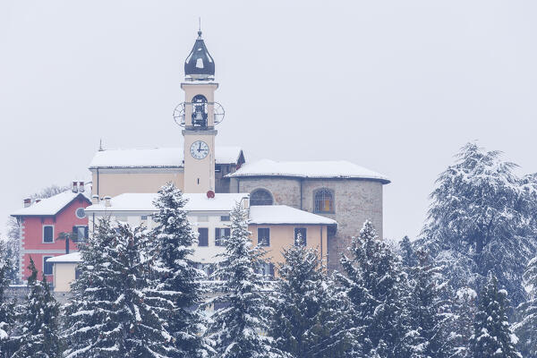 Church of SS Cosma e Damiano after a snowfall, Civello village, Villa Guardia, Brianza, Como province, Lombardy, Italy, Europe