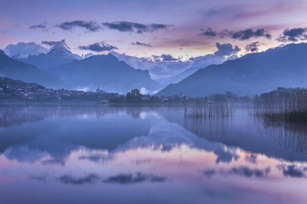 Dawn on lake Annone, Brianza, Lecco province, Lombardy, Italy, Europe