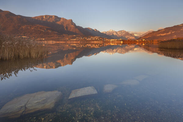 Sunset on lake Annone, Brianza, Lecco province, Lombardy, Italy, Europe