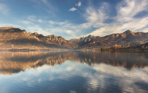 Lecco mountains reflected into the Annone lake, Brianza, Lecco province, Lombardy, Italy, Europe