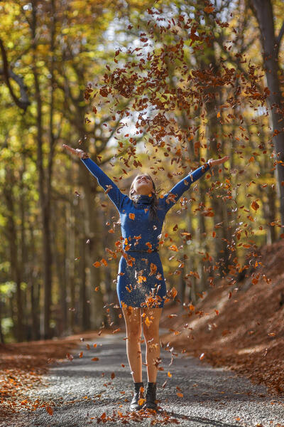 A portrait of young woman in a blue dress while playing throwing autumn leaves in the forest, Ponna Superiore, Intelvi valley (val d'Intelvi), Como province, Lombardy, Italy, Europe (MR)