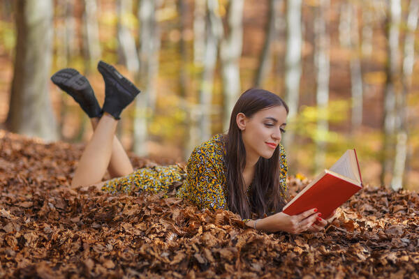 A portrait of a young woman while reading a book on a leaves carpet in the autumn forest, Ponna Superiore, Intelvi valley (val d'Intelvi), Como province, Lombardy, Italy, Europe (MR)