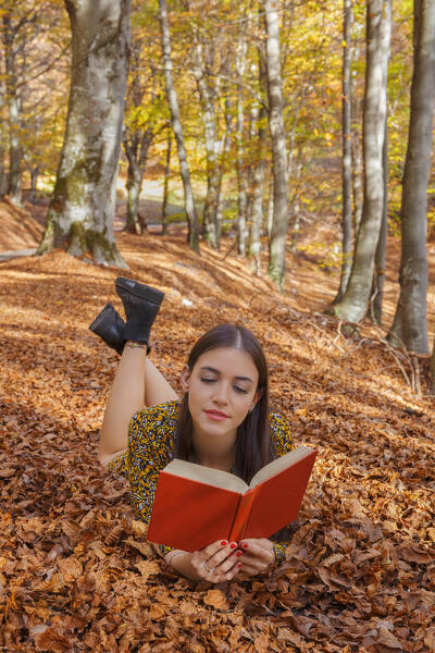 A portrait of a young woman while reading a book on a leaves carpet in the autumn forest, Ponna Superiore, Intelvi valley (val d'Intelvi), Como province, Lombardy, Italy, Europe (MR)