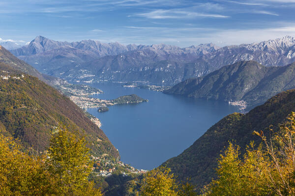 Autumnal view of lake como, Bellagio and Lenno from San Zeno church. Piano delle Alpi. Cerano d'Intelvi, Intelvi valley (val d'Intelvi), lake Como, Como province, Lombardy, Italy, Europe
