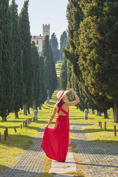 A young woman in red dress along the cypress avenue (Viale dei Cipressi), Brianza, Inverigo, Como province, Lombardy, Italy, Europe (MR)