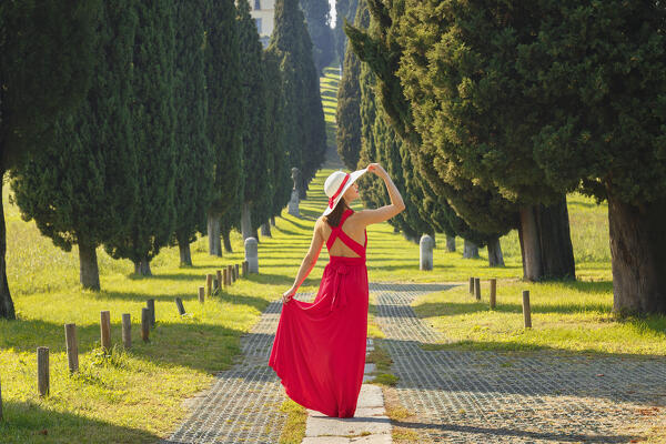 A young woman in red dress along the cypress avenue (Viale dei Cipressi), Brianza, Inverigo, Como province, Lombardy, Italy, Europe (MR)