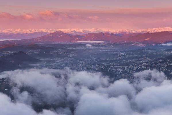 Panorama of Chiasso city, Canton of Ticino, Switzerland.
A view from Volta Lighthouse (Faro Voltiano), Brunate, lake Como, Como province, Lombardy, Italy, Europe