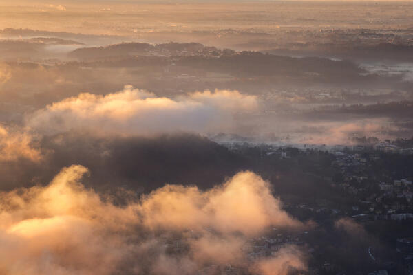 Sunrise on Monte Goj and Como province, a view from Volta Lighthouse (Faro Voltiano), Brunate, lake Como, Como province, Lombardy, Italy, Europe