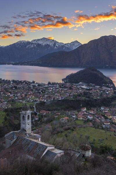 Sunrise on the Sacro Monte della Beata Vergine del Soccorso church (Unesco World Heritage Site), Ossuccio village, lake Como, Como province, Lombardy, Italy, Europe