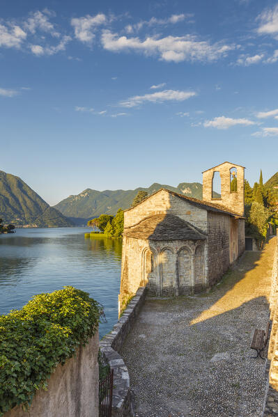 Morning lights on St. Giacomo church (Chiesa di San Giacomo), Ossuccio village, lake Como, Como province, Lombardy, Italy, Europe