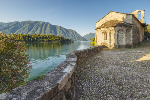 Morning lights on St. Giacomo church (Chiesa di San Giacomo), Ossuccio village, lake Como, Como province, Lombardy, Italy, Europe