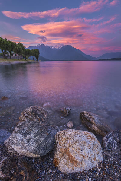 Sunset on lake Como from Domaso beach, Como province, Lombardy, Italy, Europe