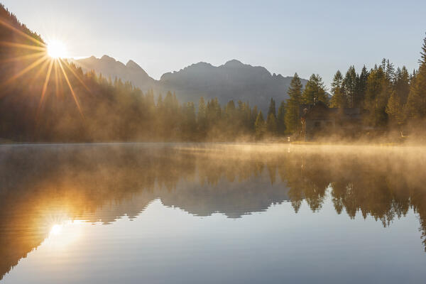 First lights morning on Nambino lake (Lago Nambino), Val Nambino, Madonna di Campiglio, Trento province, Trentino alto adige, Italy, Europe