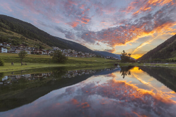 Sunrise on St. Leonardo lake (Laghetti San Leonardo), Vermiglio village, Sun valley (val di Sole), Trento province, Trentino alto adige, Italy, Europe