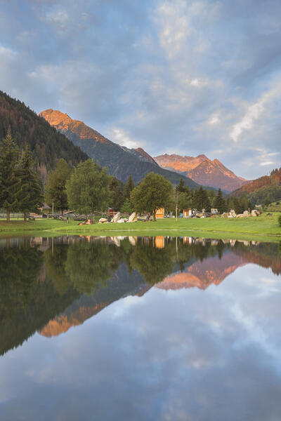 Sunrise on St. Leonardo lake (Laghetti San Leonardo), Vermiglio village, Sun valley (val di Sole), Trento province, Trentino alto adige, Italy, Europe