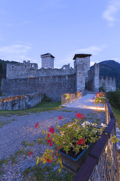 Dawn on St. Michael castle (Castello di San Michele), Ossana village, Sun valley (val di Sole), Trento province, Trentino alto adige, Italy, Europe