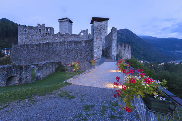 Dawn on St. Michael castle (Castello di San Michele), Ossana village, Sun valley (val di Sole), Trento province, Trentino alto adige, Italy, Europe