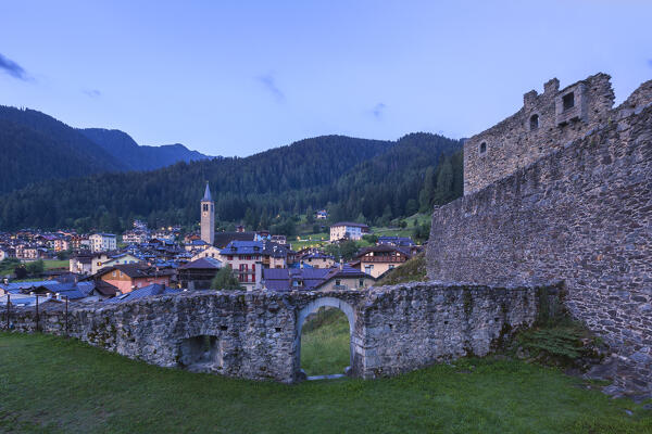 Dawn on St. Michael castle (Castello di San Michele) and Ossana village, Sun valley (val di Sole), Trento province, Trentino alto adige, Italy, Europe